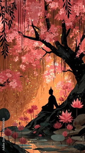 Serene Buddha Surrounded by Blossoms in a Tranquil Landscape