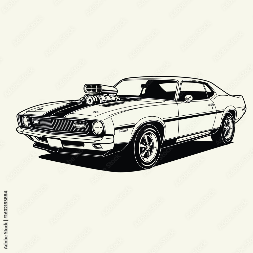 Obraz premium Classic Muscle Car Illustration: Black and White Vintage Coupe with Supercharger, Bold Lines, Retro Style, Powerful and Nostalgic Mood, Ideal for Automotive, Speed, and Power Themes.