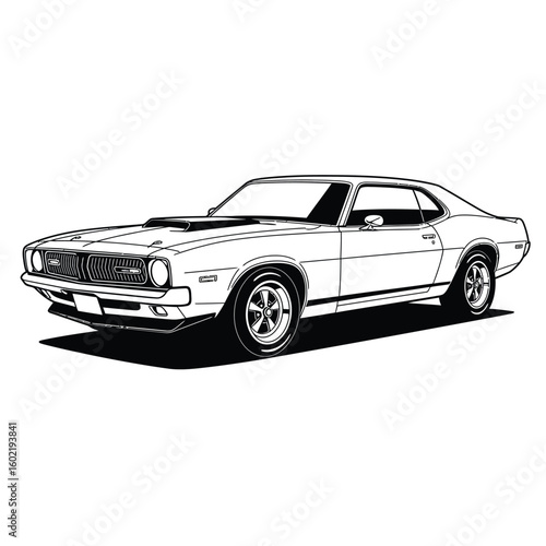 Classic Muscle Car Illustration: Black and White Vintage Coupe with Supercharger, Bold Lines, Retro Style, Powerful and Nostalgic Mood, Ideal for Automotive, Speed, and Power Themes.