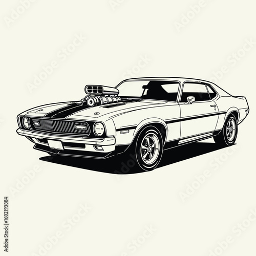 Classic Muscle Car Illustration: Black and White Vintage Coupe with Supercharger, Bold Lines, Retro Style, Powerful and Nostalgic Mood, Ideal for Automotive, Speed, and Power Themes.