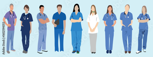 Diverse Medical Professionals Vector Illustration Set, Healthcare Team Depiction, Nurses and Doctors in Scrubs, Ideal for Health and Wellness Concepts