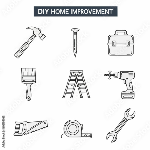 Set of DIY Home Improvement Icons Featuring Various Tools and Equipment