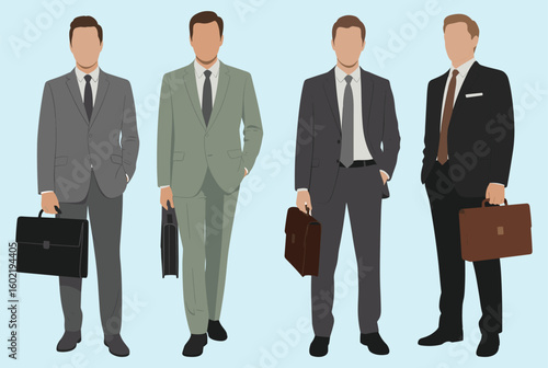 Business men in formal suits carrying briefcases standing together corporate professionals illustration for office teamwork concept and presentation