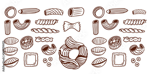 Big collection italian pasta. Different types of uncooked pasta for backgrounds, menu, stickers, cafe, restaurant, bar, shop. Seamless pattern of Italian cuisine staples. Vector hand drawn style illus