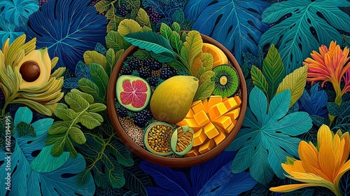 Vibrant Tropical Fruit Arrangement Surrounded by Colorful Leaves