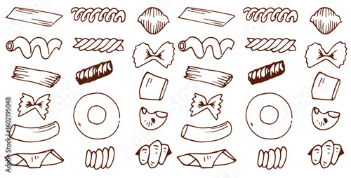 Big collection italian pasta. Different types of uncooked pasta for backgrounds, menu, stickers, cafe, restaurant, bar, shop. Seamless pattern of Italian cuisine staples. Vector hand drawn style illus