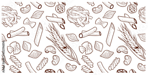 Big collection italian pasta. Different types of uncooked pasta for backgrounds, menu, stickers, cafe, restaurant, bar, shop. Seamless pattern of Italian cuisine staples. Vector hand drawn style illus