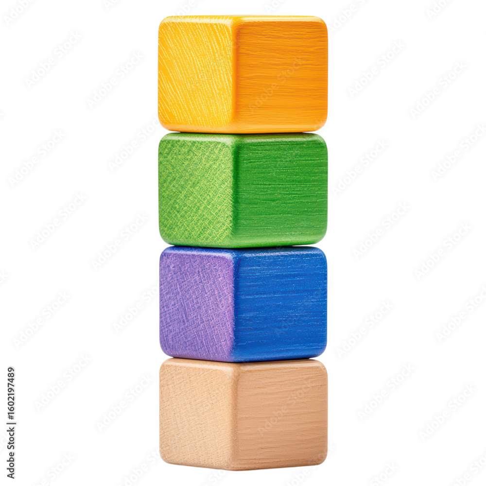 Obraz premium Colorful wooden blocks stacked in a playful arrangement isolated on transparent background.