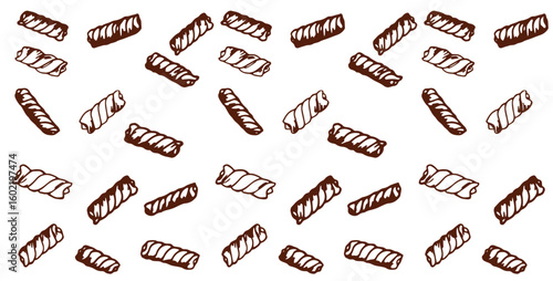 Big collection italian pasta. Different types of uncooked pasta for backgrounds, menu, stickers, cafe, restaurant, bar, shop. Seamless pattern of Italian cuisine staples. Vector hand drawn style illus
