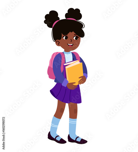 Happy smiling schoolgirl with funny hairstyle holding books. Girl with school backpack. Hand drawn vector illustration. Illustration isolated on white background.