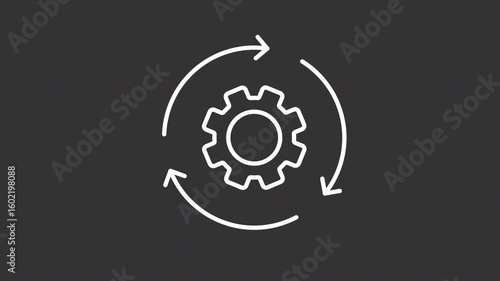 Process automation white line animation. Workflow organization animated icon. Spinning arrows, rotating gear. Production system. Isolated element on dark background. Alpha transparent video