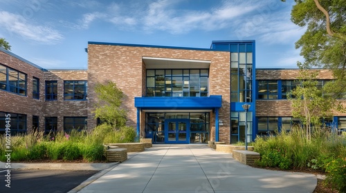 Modern eco-friendly elementary school with brick facade and greenery