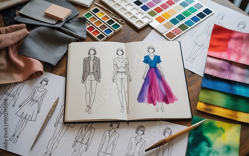 Fashion designer working on colorful dress sketches with fabric threads, color palette, and tools in creative studio workspace. Stylish Drawings Sketches Textile Fabric Material Costume.