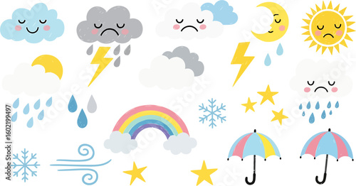 A cute collection of kawaii weather icons with emotions. Vector set including cloud, sun, rain, snow, and rainbow.