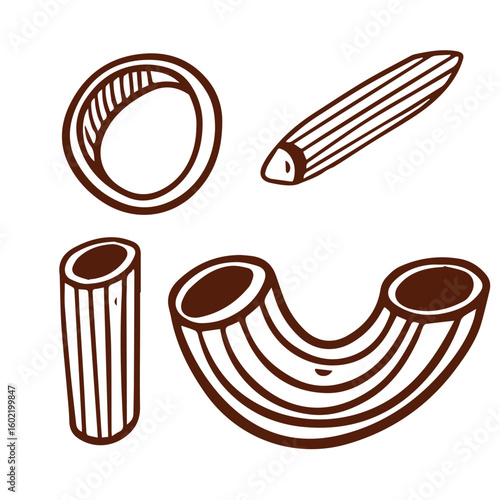 Big collection italian pasta. Different types of uncooked pasta for backgrounds, menu, stickers, cafe, restaurant, bar, shop. Seamless pattern of Italian cuisine staples. Vector hand drawn style illus