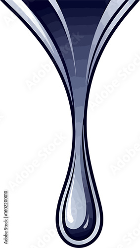 Glossy chrome teardrop symbol, a stylized blue liquid falling in a single drip. Vector graphic element.