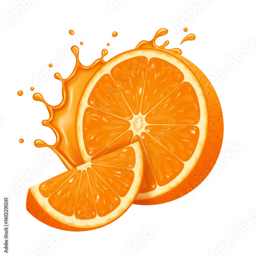 Fresh orange slice with juice splashing around it, a vibrant and refreshing citrus fruit presentation