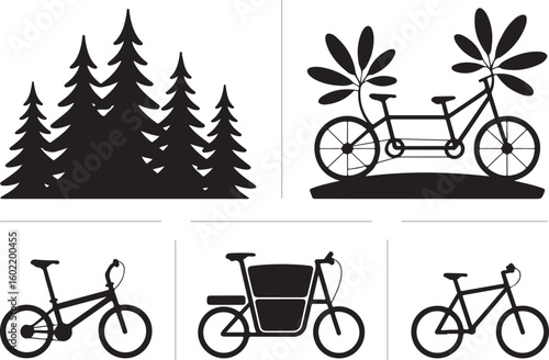 Collection of Bicycle and Nature-Themed Icons with Various Bicycle Designs