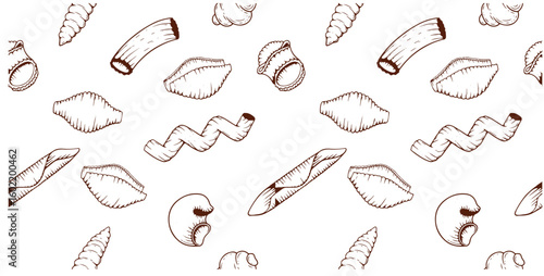 Big collection italian pasta. Different types of uncooked pasta for backgrounds, menu, stickers, cafe, restaurant, bar, shop. Seamless pattern of Italian cuisine staples. Vector hand drawn style illus
