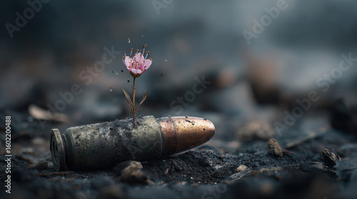 A delicate pink flower growing from a spent bullet shell on cracked soil, symbolizing hope amidst destruction.