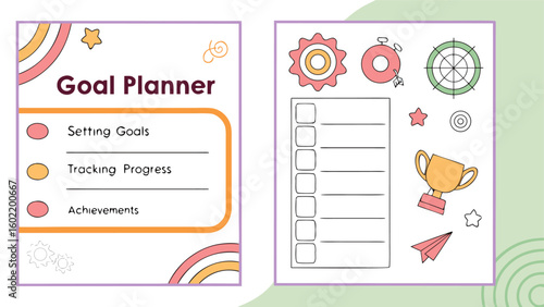 Creative goal planner page with checklist and motivational icons for setting goals tracking progress and celebrating achievements