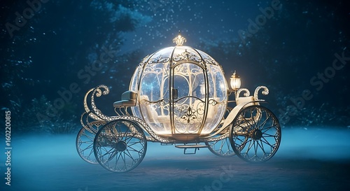 A magical glass carriage from a fairytale, glowing in a mystical blue forest under the moonlight.