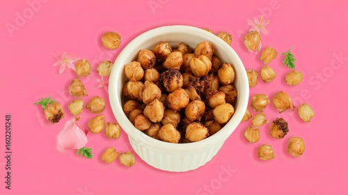 Roasted chickpeas bowl, pink background, floral, snack