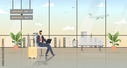Travel for work in a modern airport terminal. Vector illustration