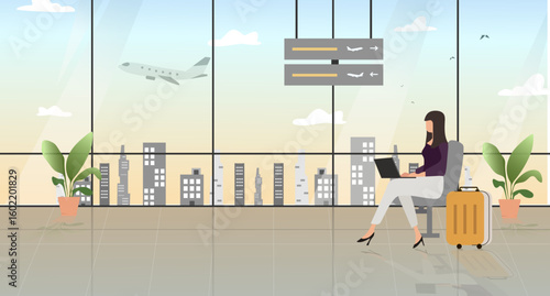 Travel for work in a bustling airport setting. Vector illustration