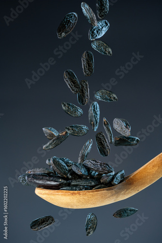 Close-up of black aromatic Tonca beans fall from above onto a wooden spoon, showcasing premium culinary ingredients and natural textures.