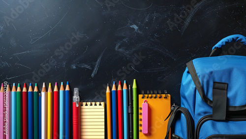 Back to School Supplies with Backpack on Chalkboard Background
