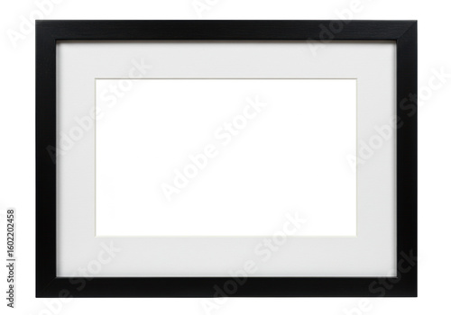 Rectangular picture frame with solid black outer, sharp contours, wide white matboard, thin gray inner border, and empty copy space, isolated on transparent background with soft studio light, no