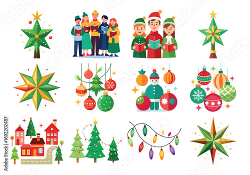 a Vector Festive Christmas Icons Collection Carolers Trees Ornaments Lights and Holiday Decorations on white background