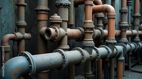High-resolution photo of rusted metal pipes with blue-green patina and star-shaped valve. Blurred background emphasizes detailed industrial pipe network.