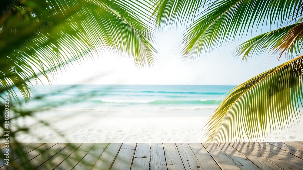 Fototapeta premium Photo of a serene tropical beach scene viewed through lush palm leaves with a wooden deck in the foreground