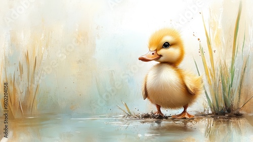 Gentle duckling with soft tracks moving along the pond's calm edge. For kids' books, cards, and crafts.