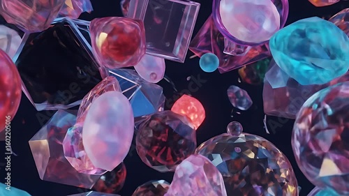 A dark background with many colorful multifaceted gemstones and spheres