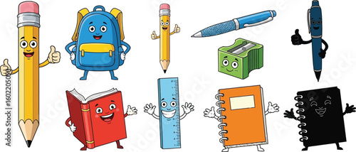 Cartoon school supplies vector illustration featuring pencil book and backpack design