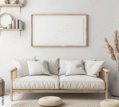 Minimalist living room interior with a white sofa. a wooden frame and a decorative vase with dried flowers