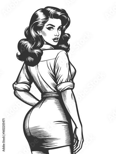 woman glancing over her shoulder, wearing a skirt and blouse in retro fashion sketch engraving generative ai fictional character vector illustration. Scratch board imitation. Black and white image.