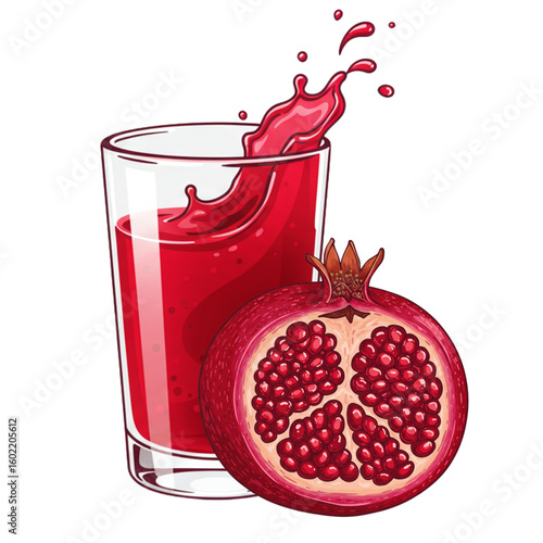 Pomegranate juice splashing into glass with half pomegranate fruit, fresh and vibrant