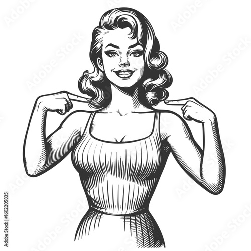 confident woman smiling and pointing at herself, expressing pride and self-assurance sketch engraving generative ai fictional character vector illustration. Scratch board. Black and white image.