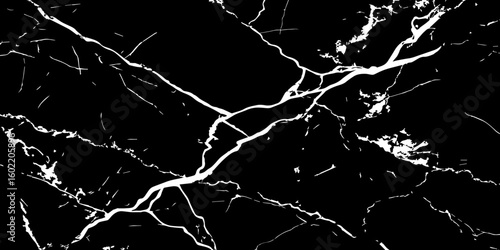 "A striking, high-contrast black and white abstract pattern resembling fractured glass or lightning bolts across a dark sky, emphasizing sharp lines and dynamic tension."
