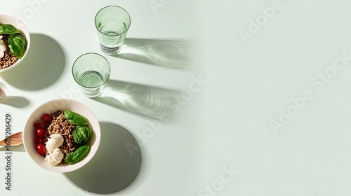 Healthy breakfast bowls, sunlight, mint background, copy space