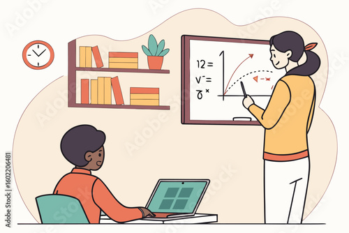Young student learns math concepts in a classroom setting with engaging teacher and digital resources for effective learning