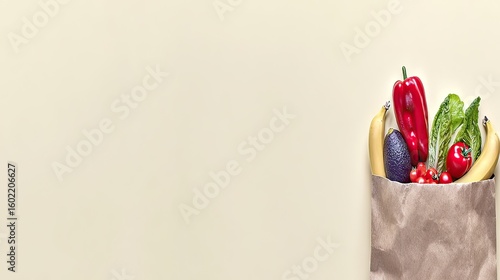 Produce grocery bag, yellow background, healthy food, shopping