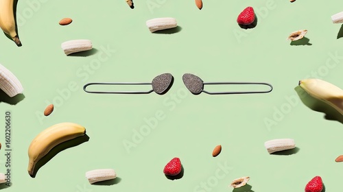 Green background, fruit smoothie tools, banana, almond, strawberry, flatlay