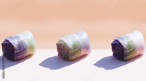 Colorful summer rolls, arranged, studio shot, pastel background, food blog