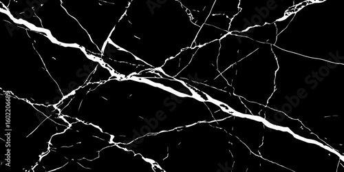 "A striking, high-contrast black and white abstract pattern resembling fractured glass or lightning bolts across a dark sky, emphasizing sharp lines and dynamic tension."