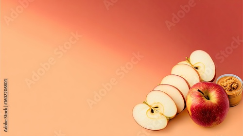 Sliced apple, peanut butter, orange background, healthy snack
